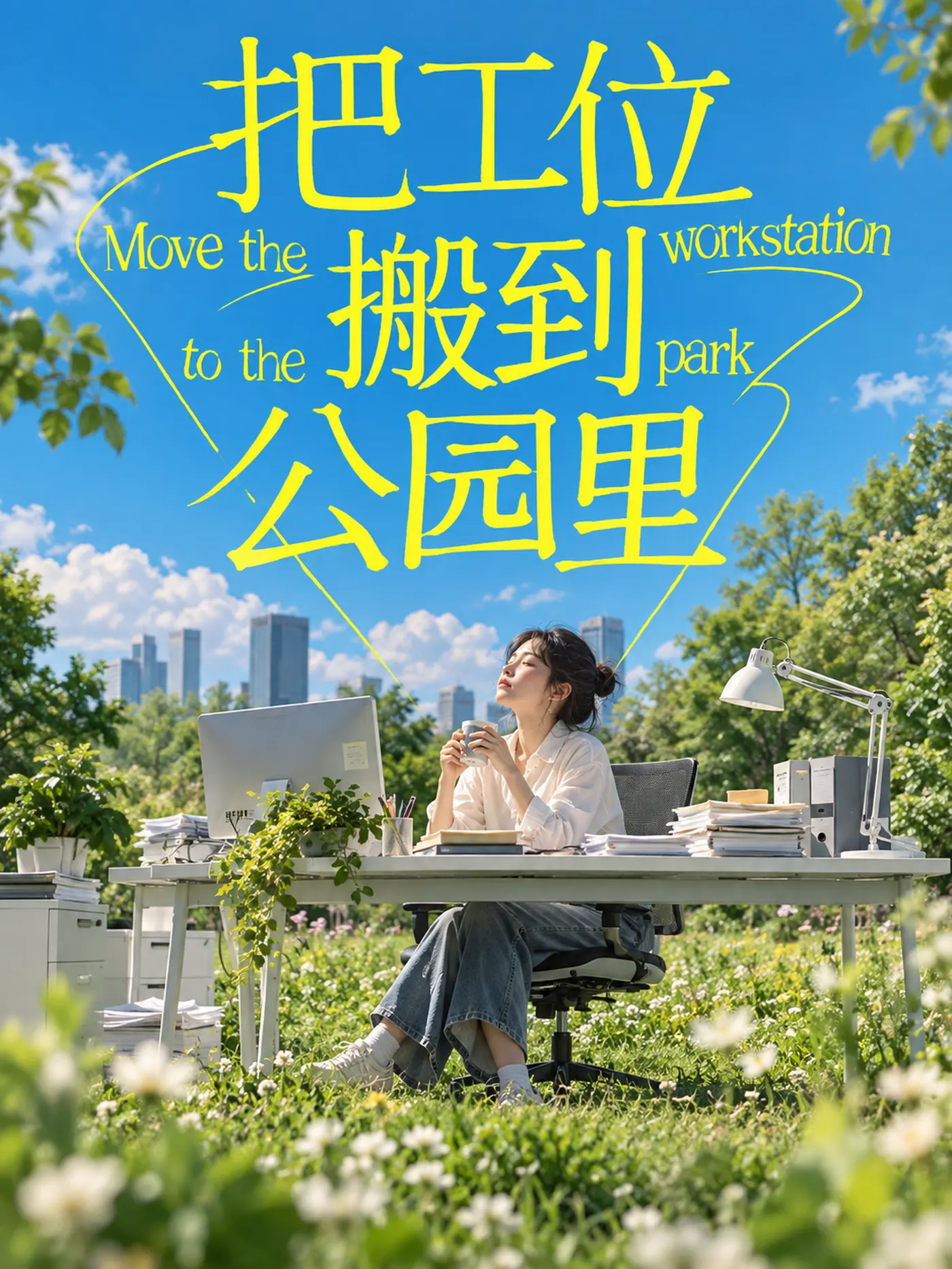 海报背面：把工位搬到公园里