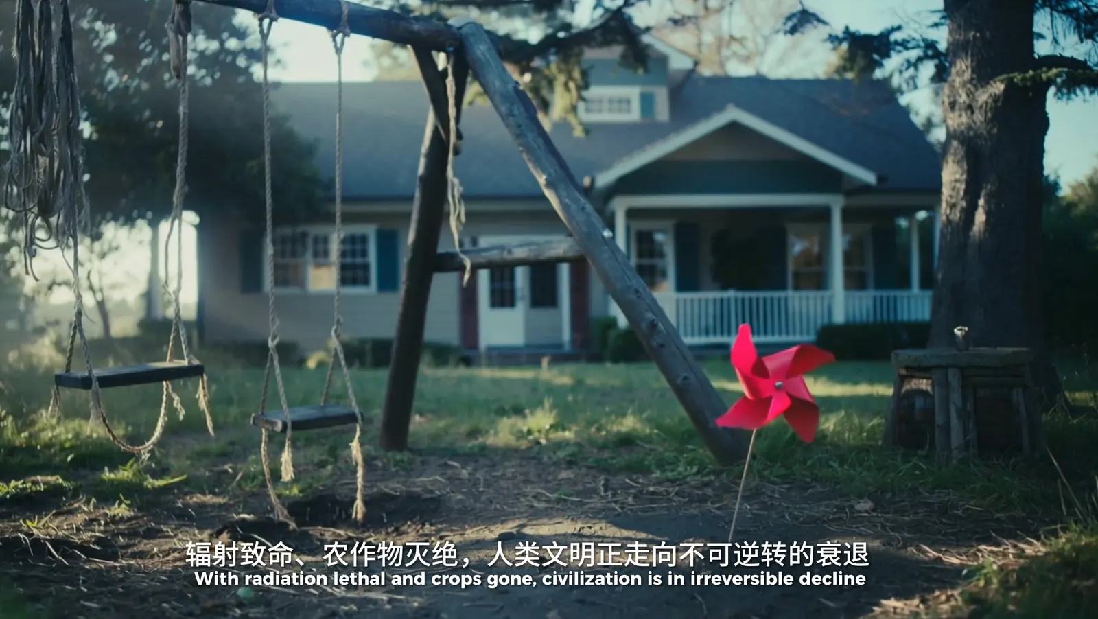 荒废庭院中的秋千与红色风车