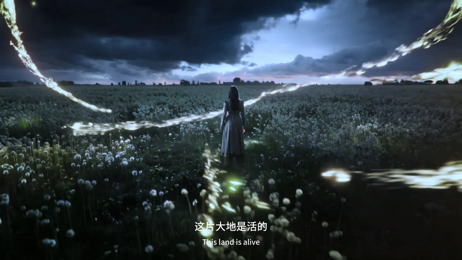 少女站在雷光环绕的花田中