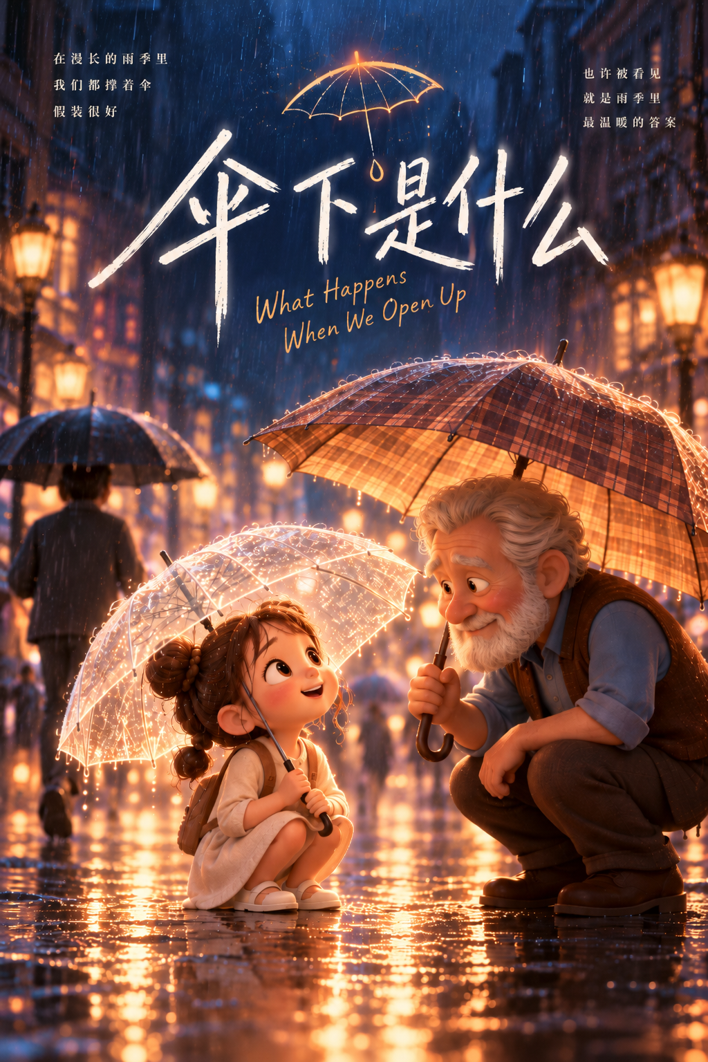 雨中相隔的小女孩与老人,伞下是什么概念海报