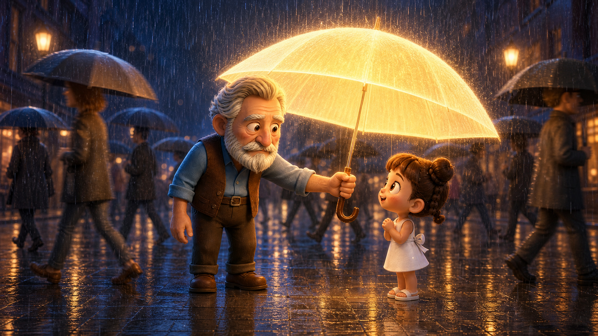 一把发光的伞点亮雨夜