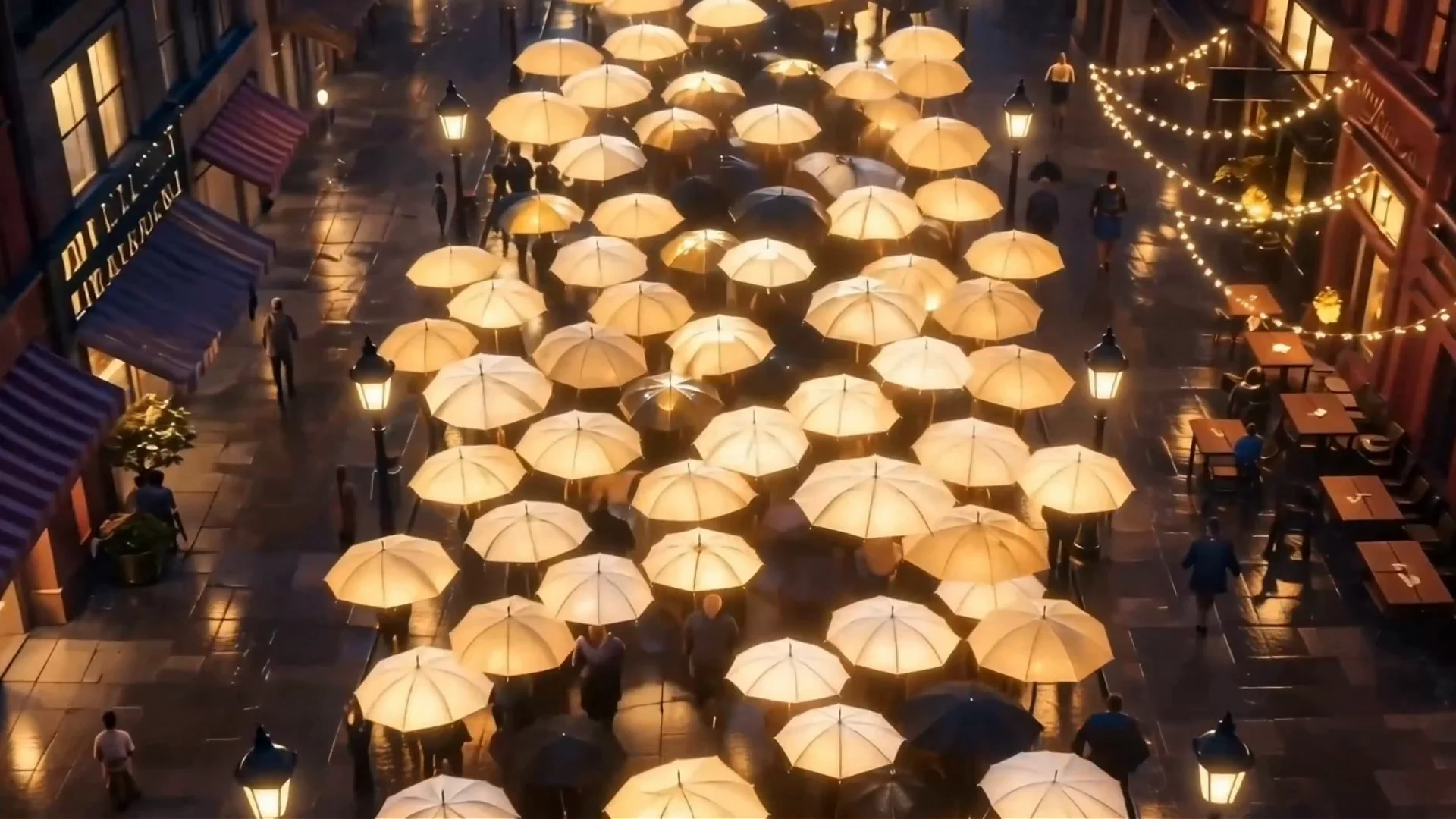 城市街道上连成一片的发光雨伞